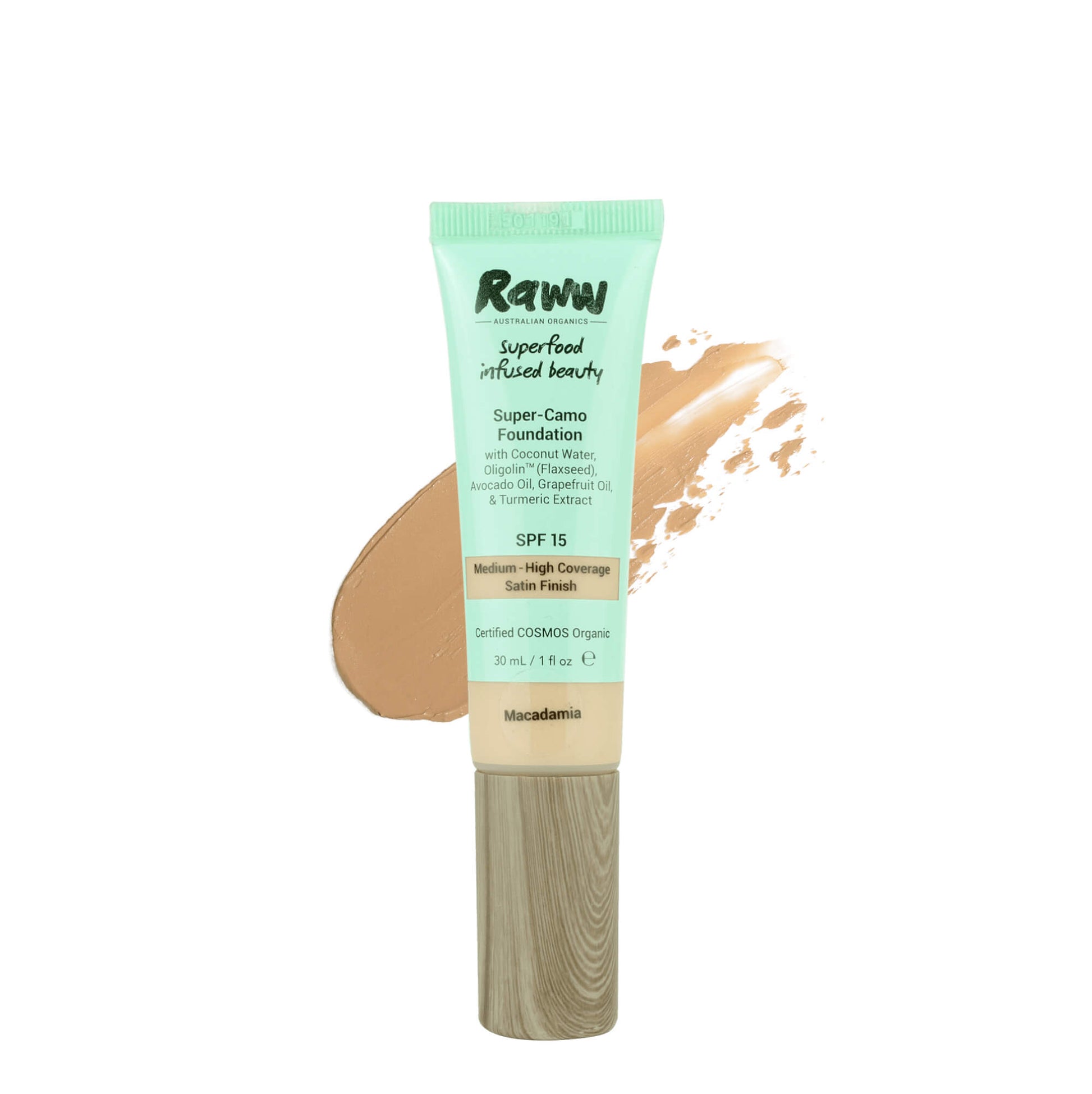 Super-Camo Foundation SPF15 (Macadamia) | RAWW Cosmetics | Product + Swatch