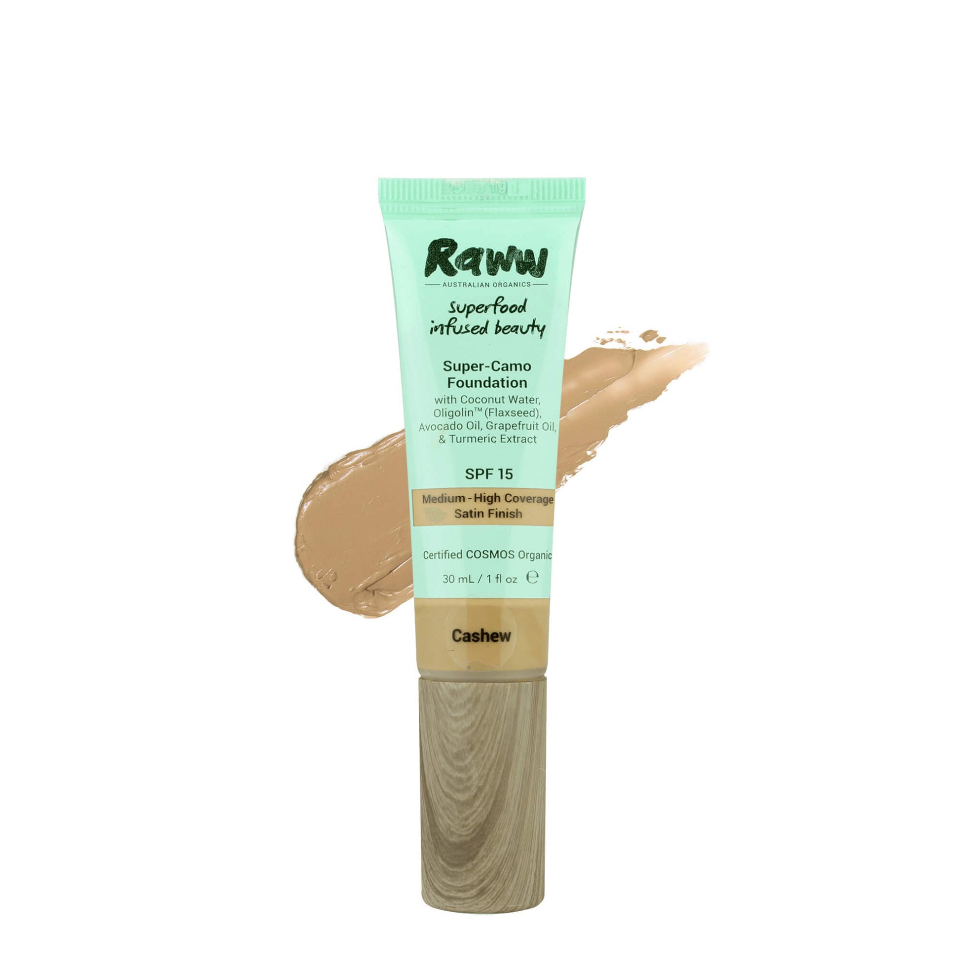 Super-Camo Foundation SPF15 (Cashew) | RAWW Cosmetics | Product + Swatch