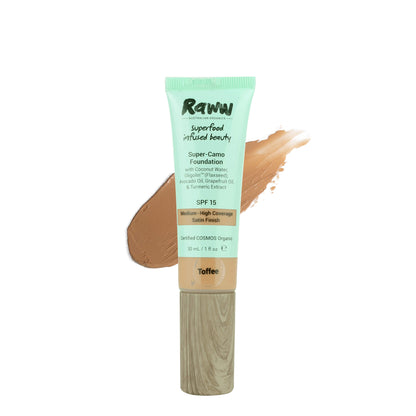 Super-Camo Foundation SPF15 (Toffee) | RAWW Cosmetics | Product + Swatch